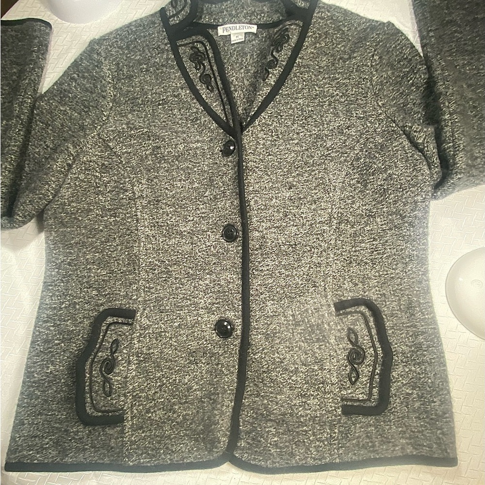 Chic Gray Pendleton Coat 100% Wool With Black Emb… - image 3